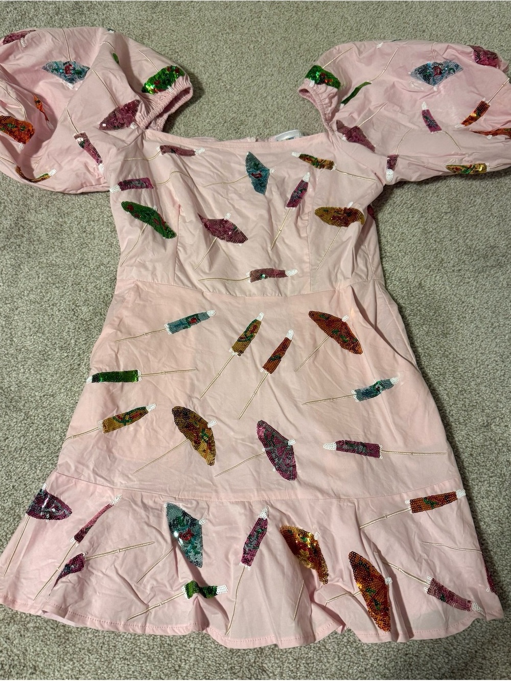 QUEEN OF SPARKLES Pink Mini Dress with Multicolor Sequin Drink Umbrellas